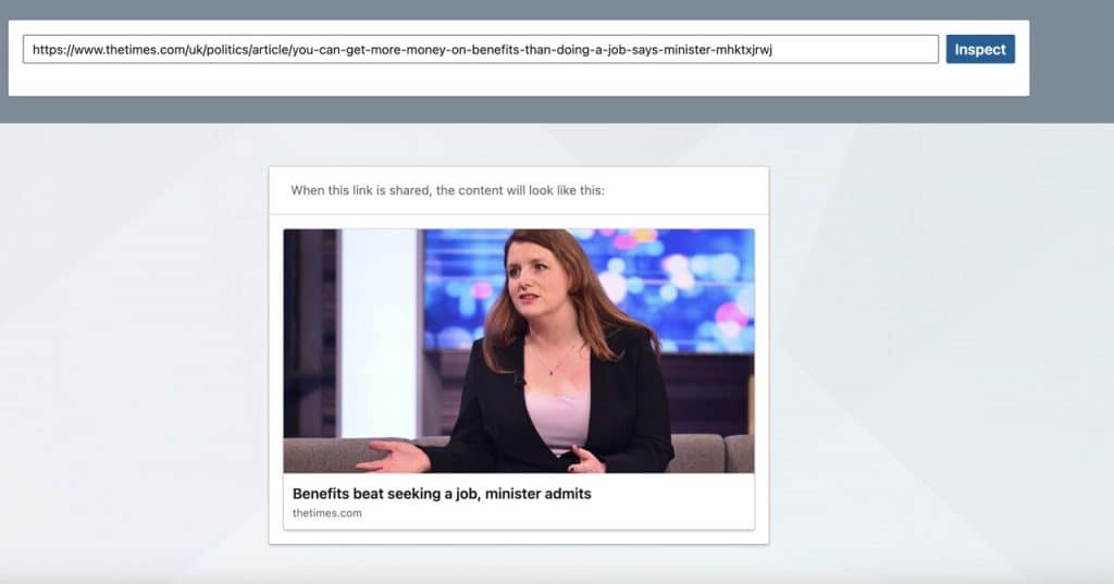LinkedIn Post Inspector showing a link preview