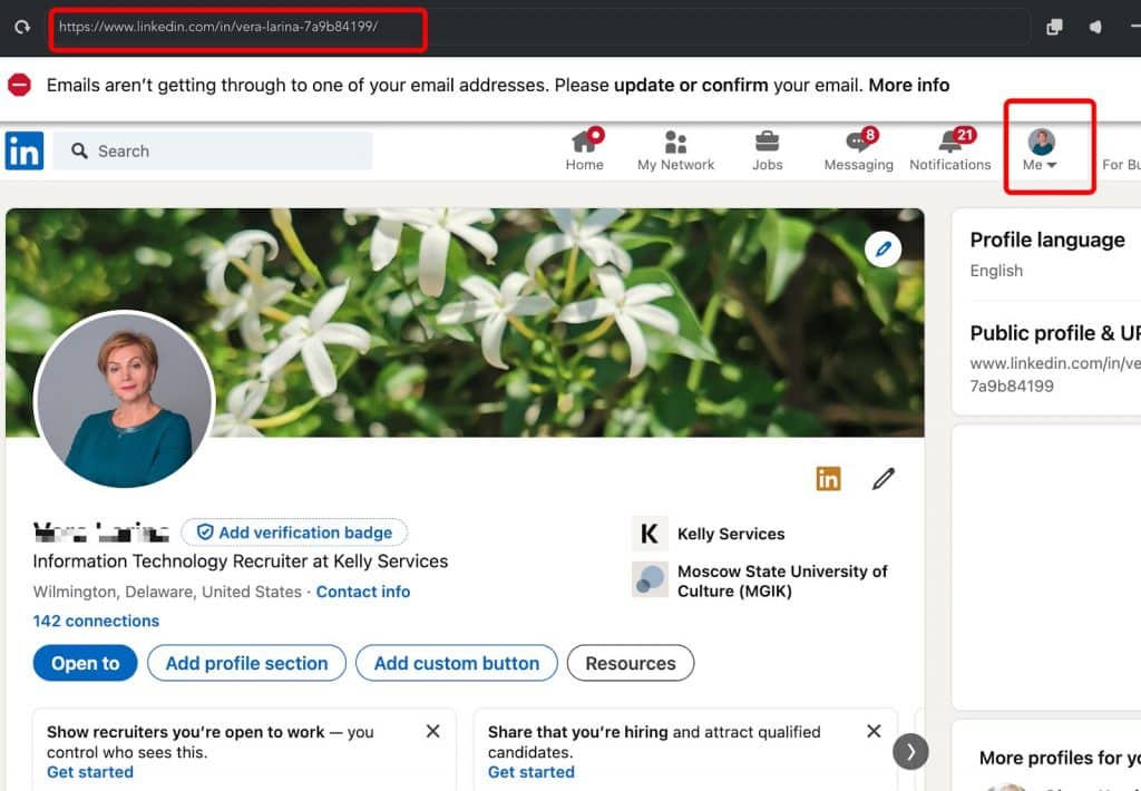 A screenshot of LinkedIn's main page showing where to copy the profile URL from the browser’s address bar