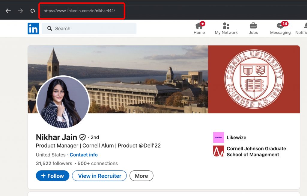  A LinkedIn URL example showing a name followed by numbers