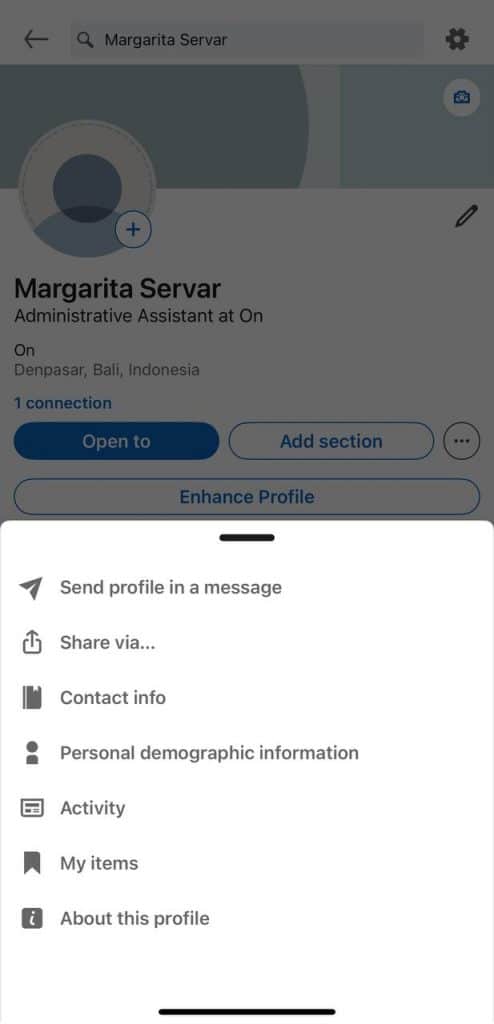 menu to send profile in a message