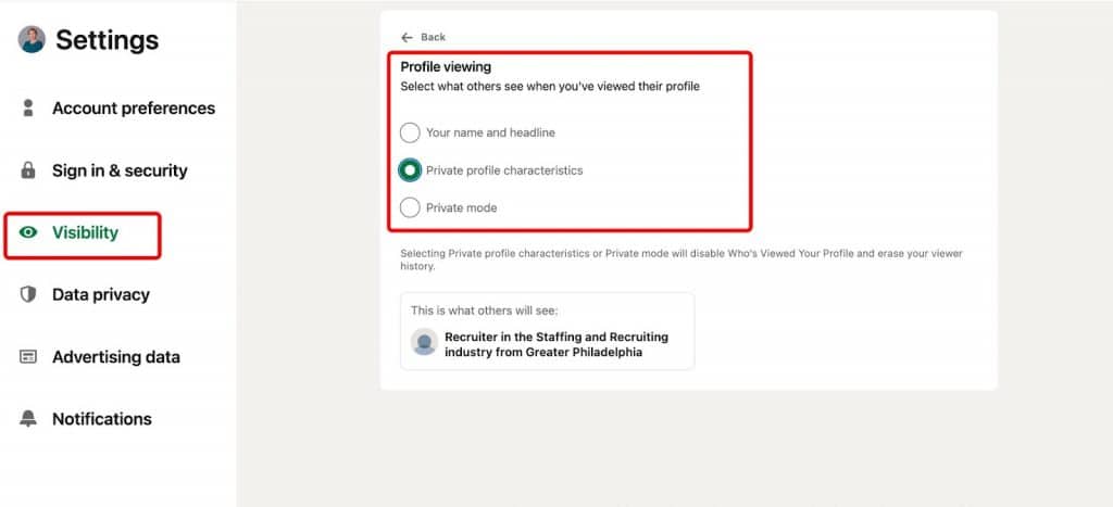 LinkedIn private mode - visibility