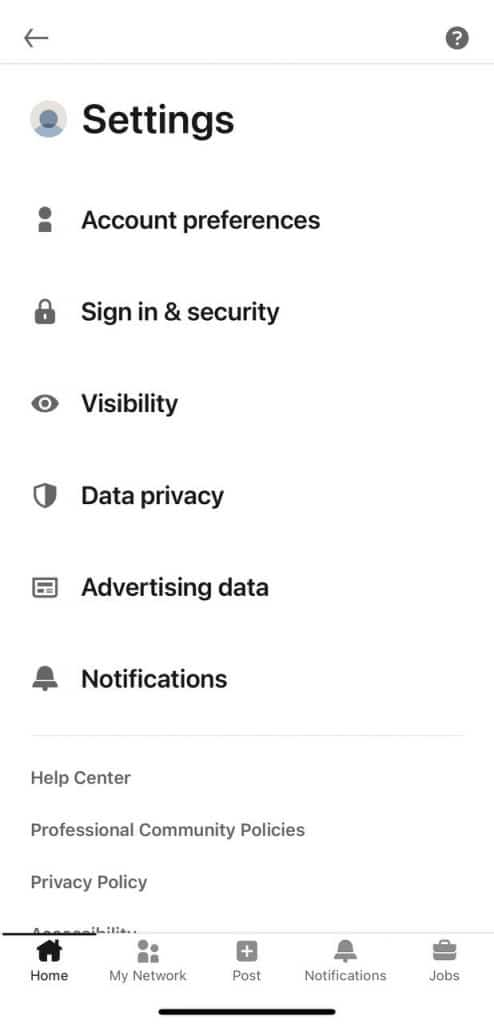 Private LinkedIn on Mobile menu options