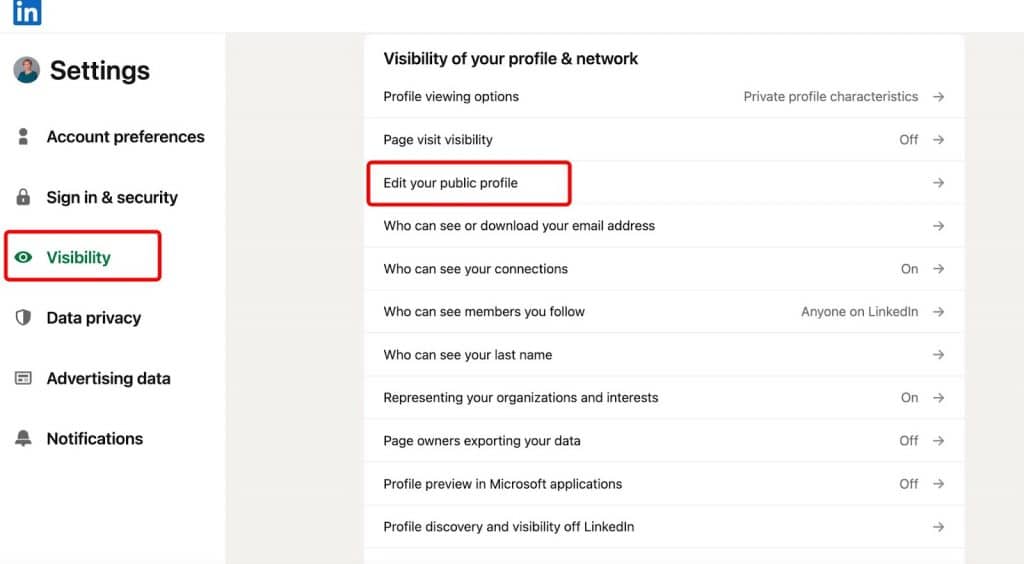 linkedIn private mode - Edit your public profile