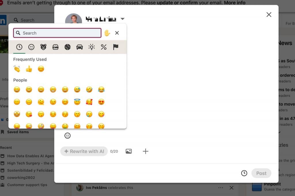 Image demonstrating how to click the emoji icon in LinkedIn post editor to insert emojis and symbols.