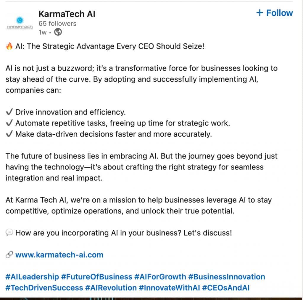 Image showcasing well-structured LinkedIn post with paragraph breaks and emojis used for links and post title.