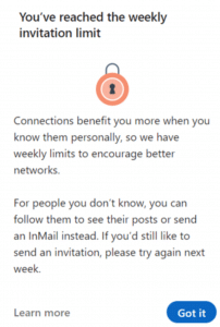 Image displaying LinkedIn's warning message about reaching the weekly connection request limit.