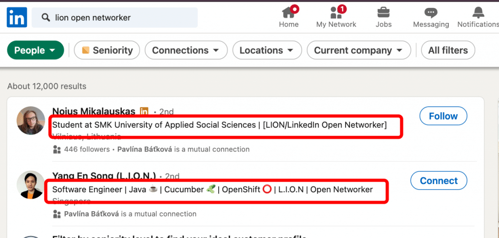 A screenshot showing LinkedIn's search interface with filters applied to find LION profiles, including job title and keywords