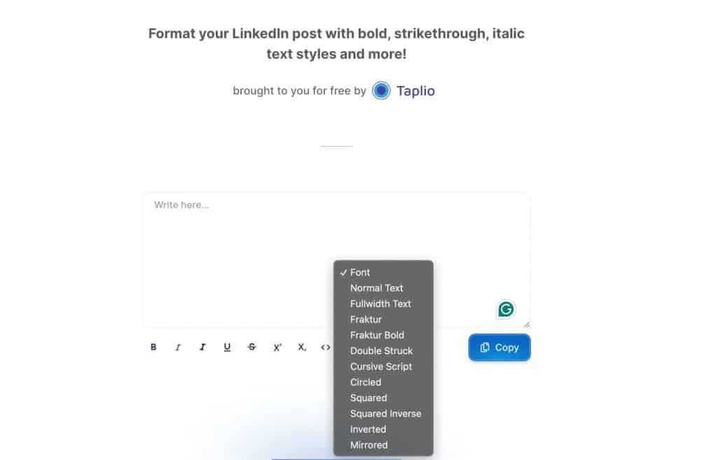 Image showing the Tapilo tool where different fonts and formatting options for LinkedIn posts are available.