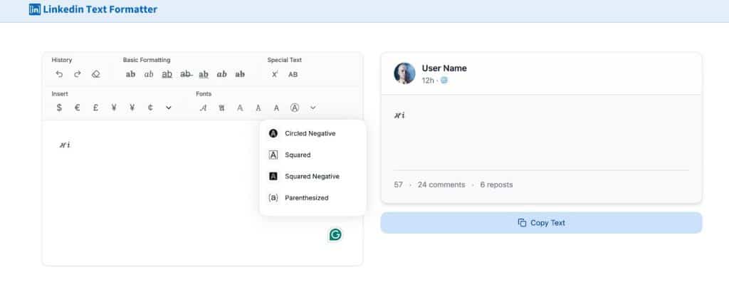 Screenshot of LinkedIn Formatter, showing available text formatting options.