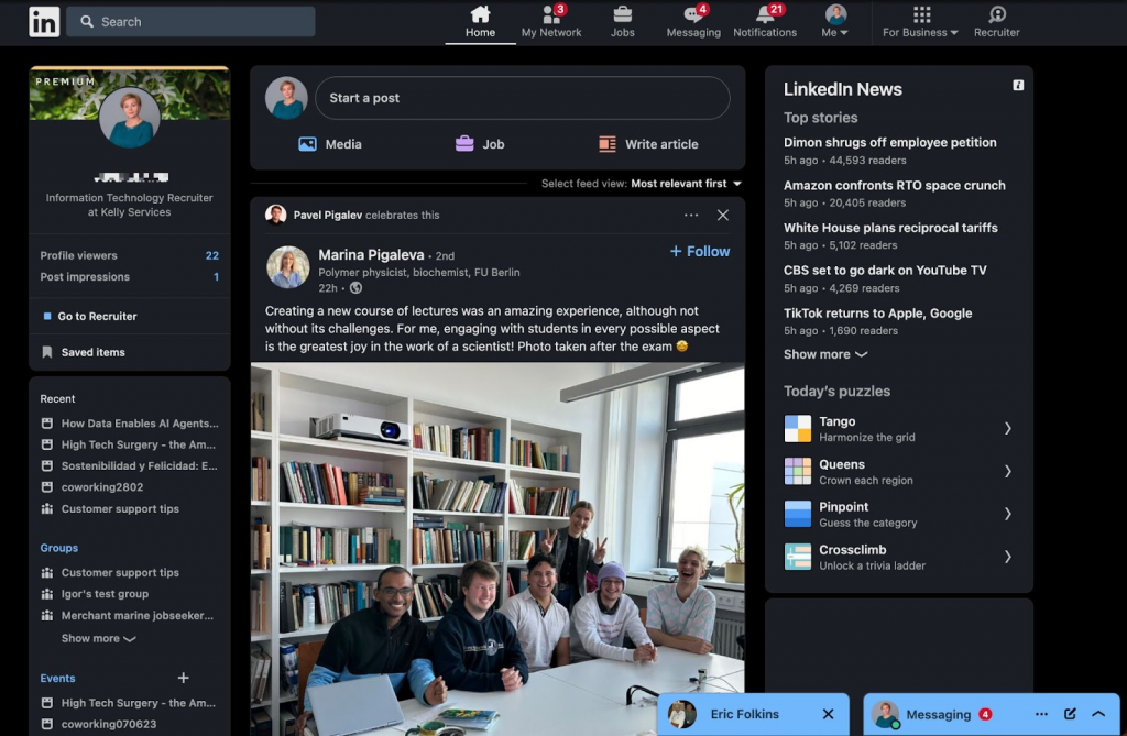 A LinkedIn desktop interface in dark mode, showcasing a black background with light-colored text for better readability