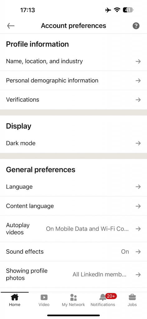 "Dark Mode" under the "Display" section.