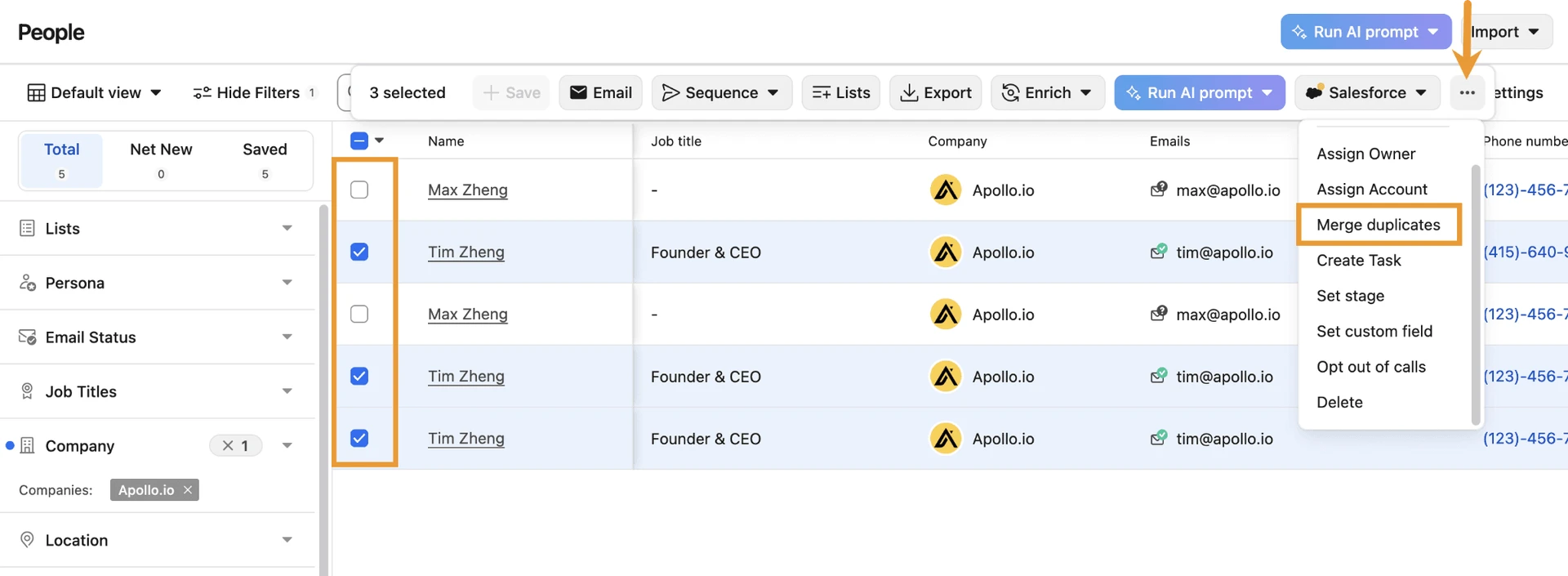 Apollo.io people list bulk Actions menu