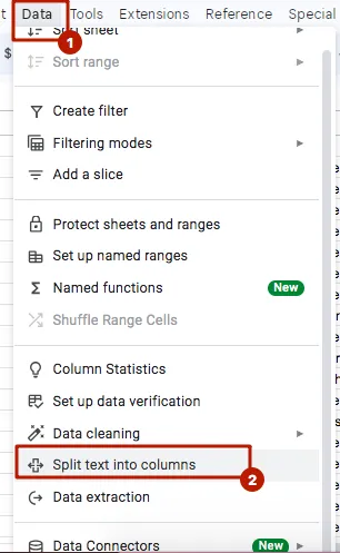 Excel screenshot with a menu to separate IDs and extension names.