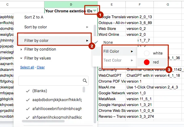 Excel screenshot with instructions on how to filter by color. Caption: