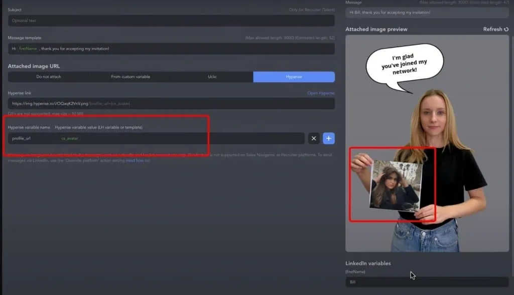 Screenshot of creating a custom image in Linked Helper.