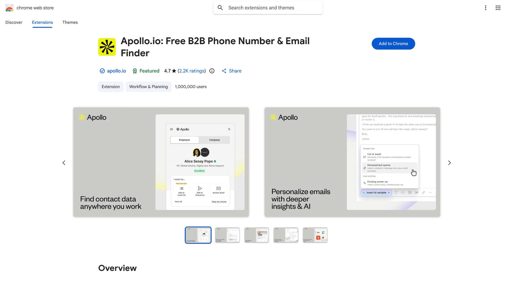 Apollo.io Chrome extension listing in the Chrome Web Store