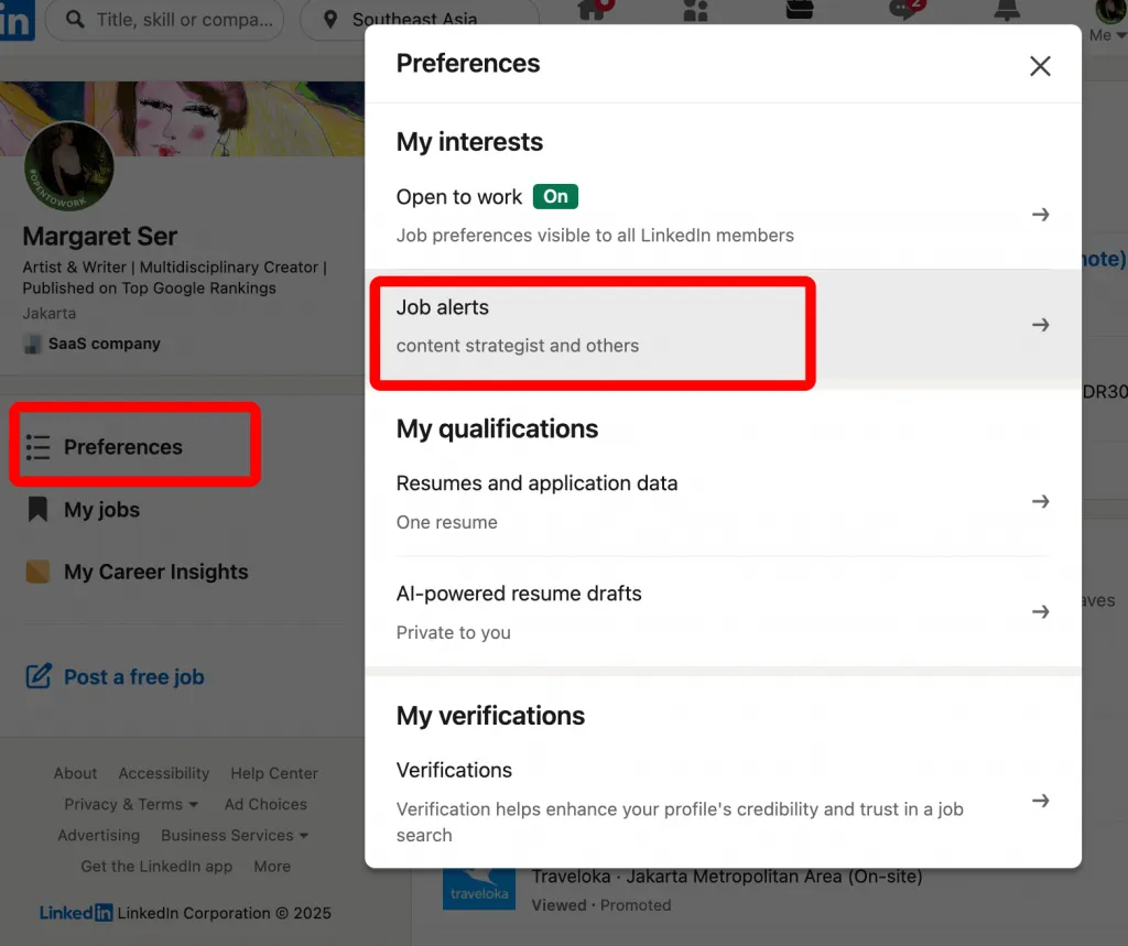 preferences menu how to edit job alerts on LinkedIn