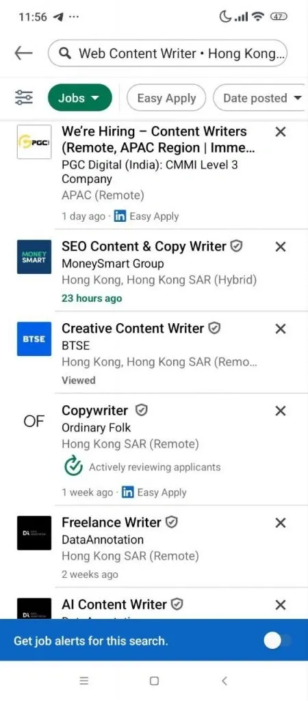 serach bar how to set a job alert in LinkedIn android