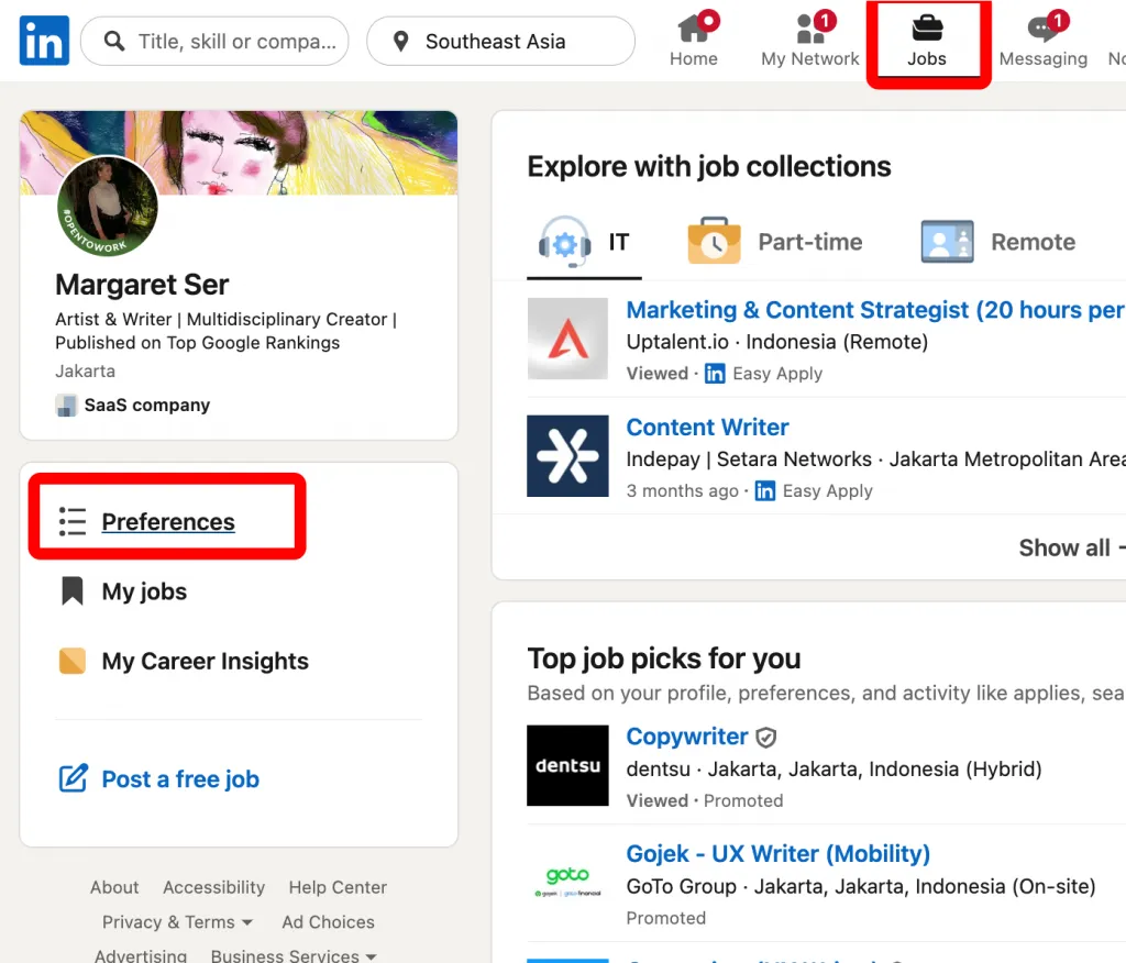 preferences menu how to set a job alert in LinkedIn