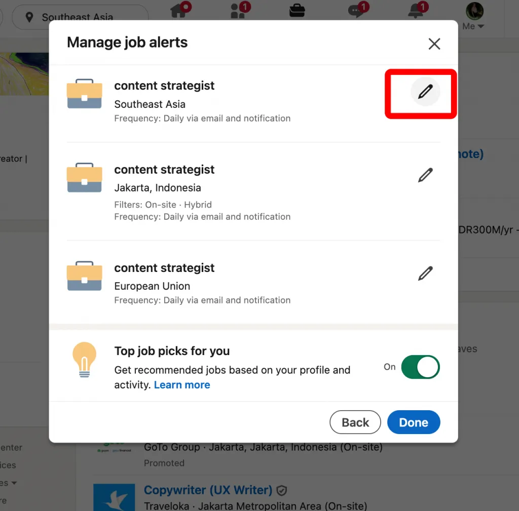 manage each laert how to set a job alert in LinkedIn