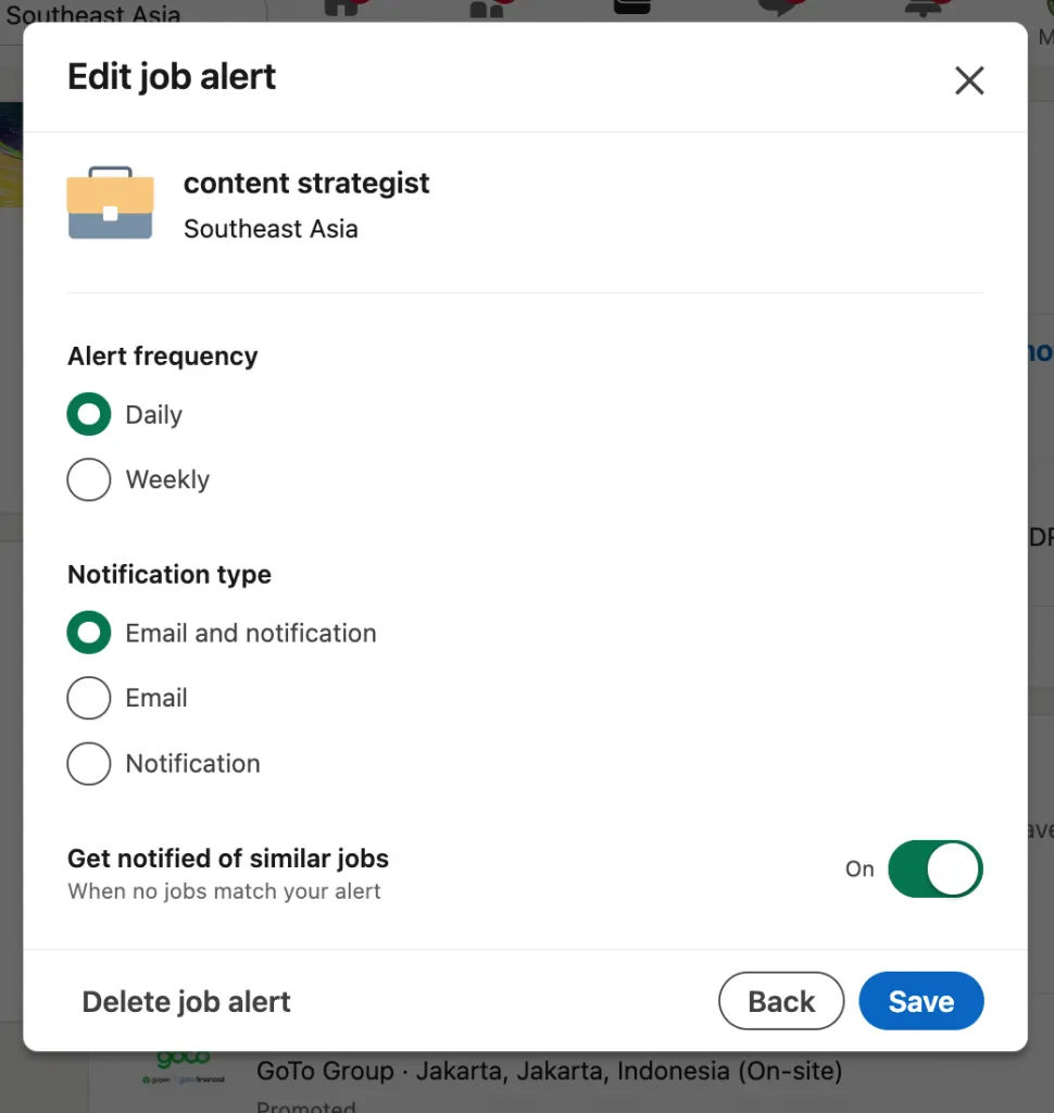 alert frequence how to set a job alert in LinkedIn