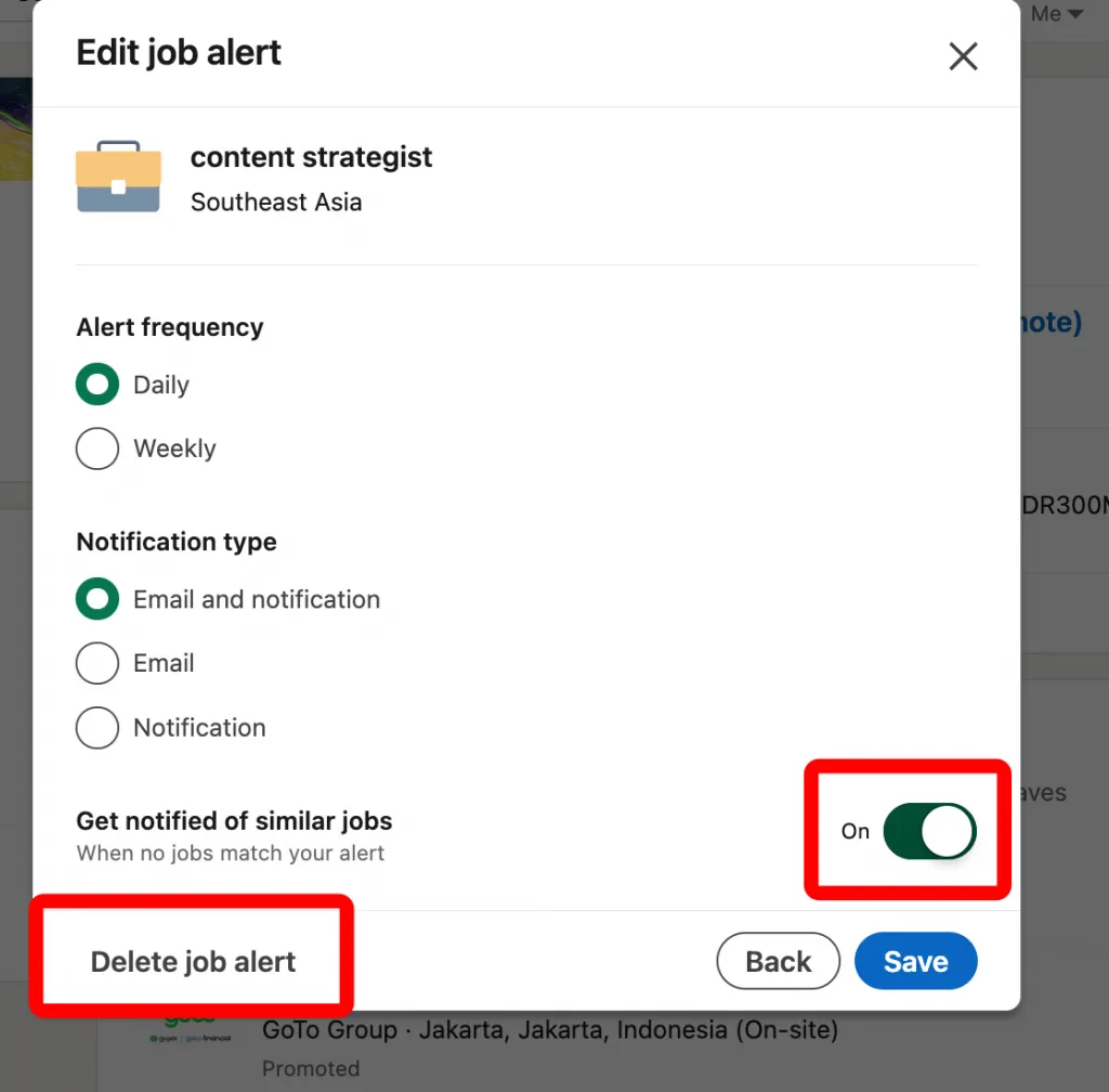 delete alert how to set a job alert in LinkedIn