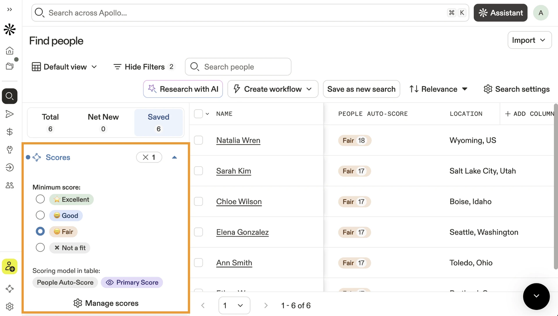 Apollo.io People Search filters and prospect results