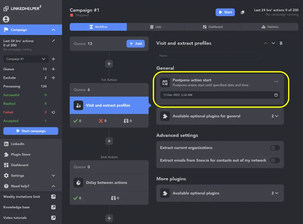 Postpone start of action - specify start date