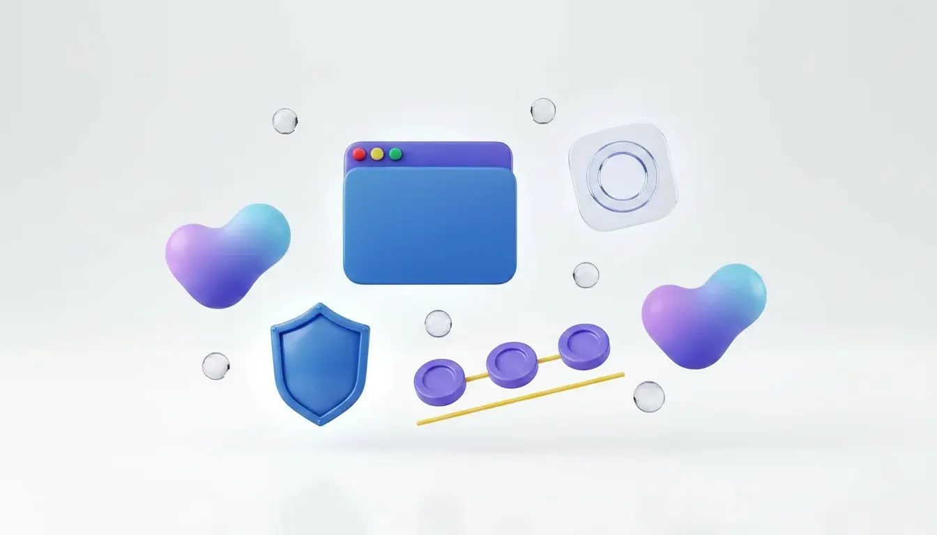Wordless 3D comparison of a desktop automation app, Chrome extension, security shield, and pricing controls