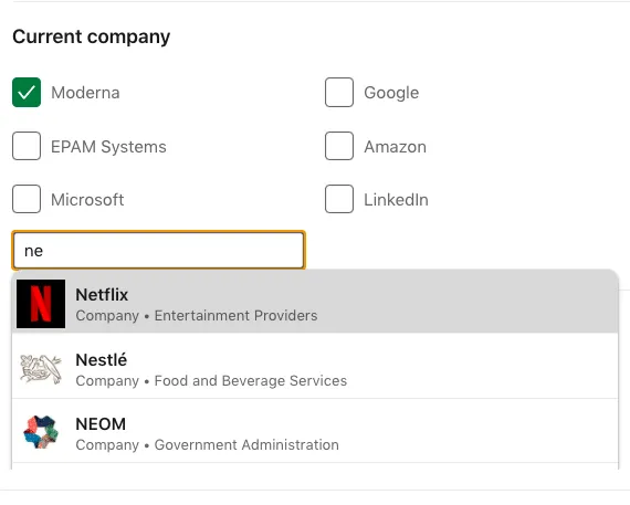 linkedin people search choose current company