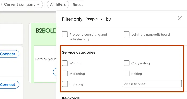 advanced people search linkedin service categories filter