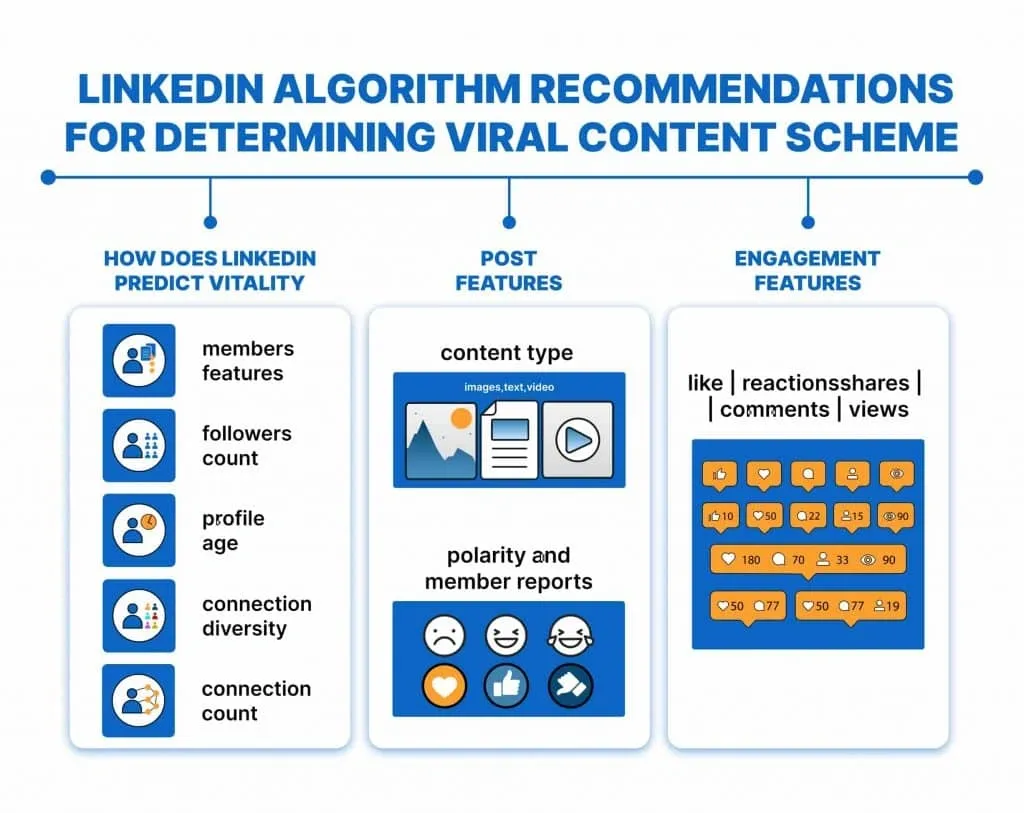 linkedin algorithm explained – Visual breakdown of how LinkedIn measures engagement to assess post virality, with the linkedin algorithm explained.