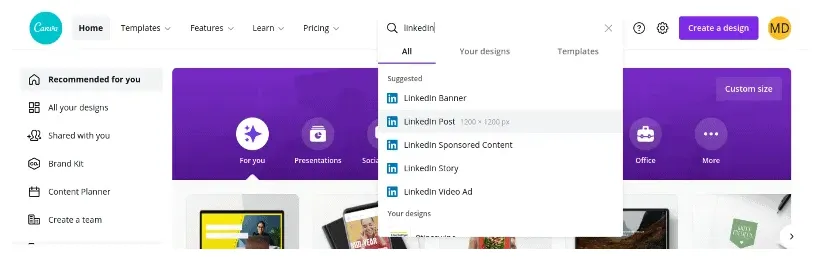 LinkedIn carousel post size - canva screenshot with sizes