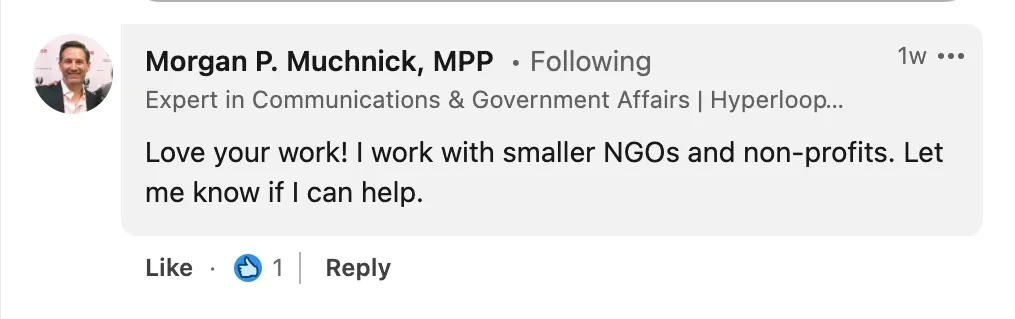 LinkedIn comment example of a post Offering Help to NGOs