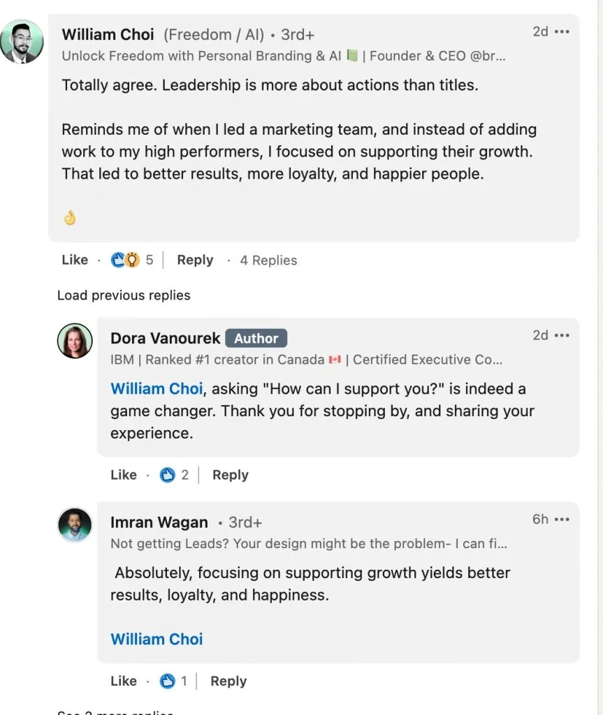 LinkedIn comment example - sharing a personal experience