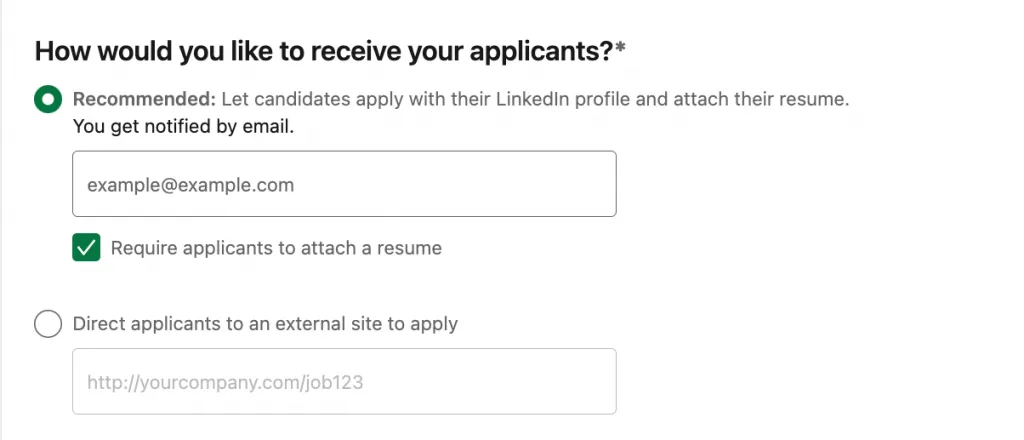 How would you like to receive your applicants post an Easy Apply job