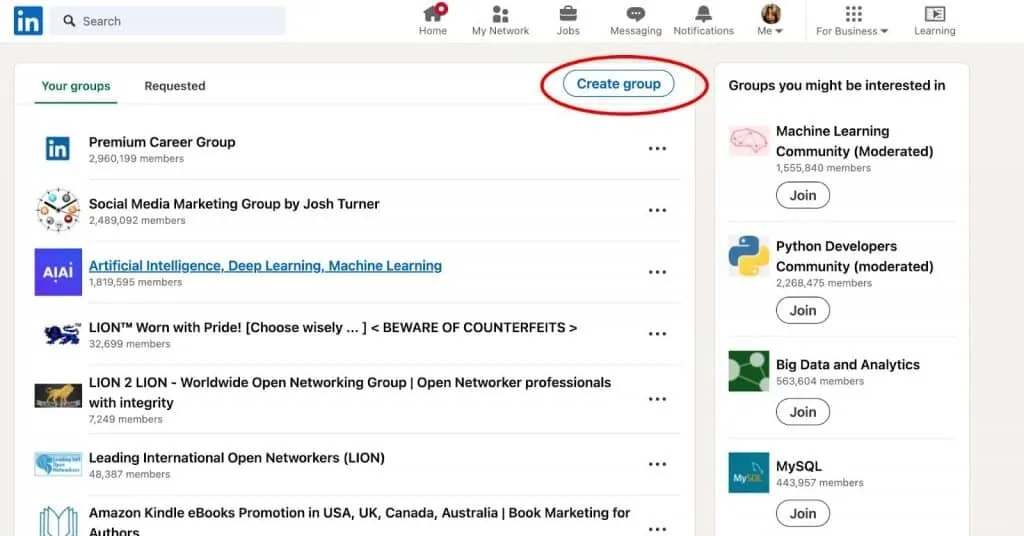 How to create a LinkedIn group - my groups page screenshot