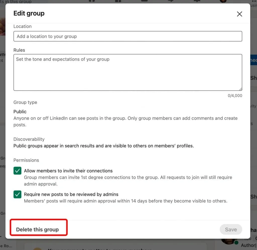 How to delete a LinkedIn group - screenshot of the delete button