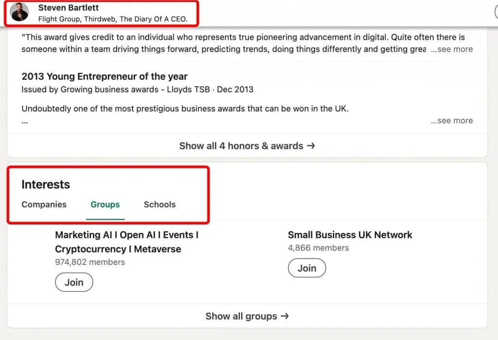 find groups in the Interests section