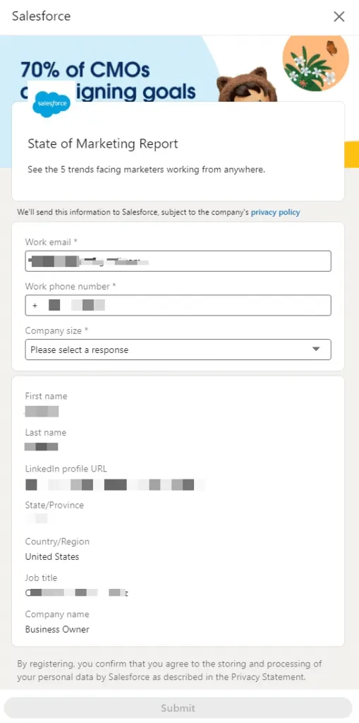 What is a LinkedIn lead gen form? example