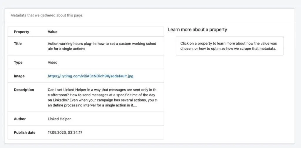 LinkedIn Post Inspector showing an example of metadata for a linked page.