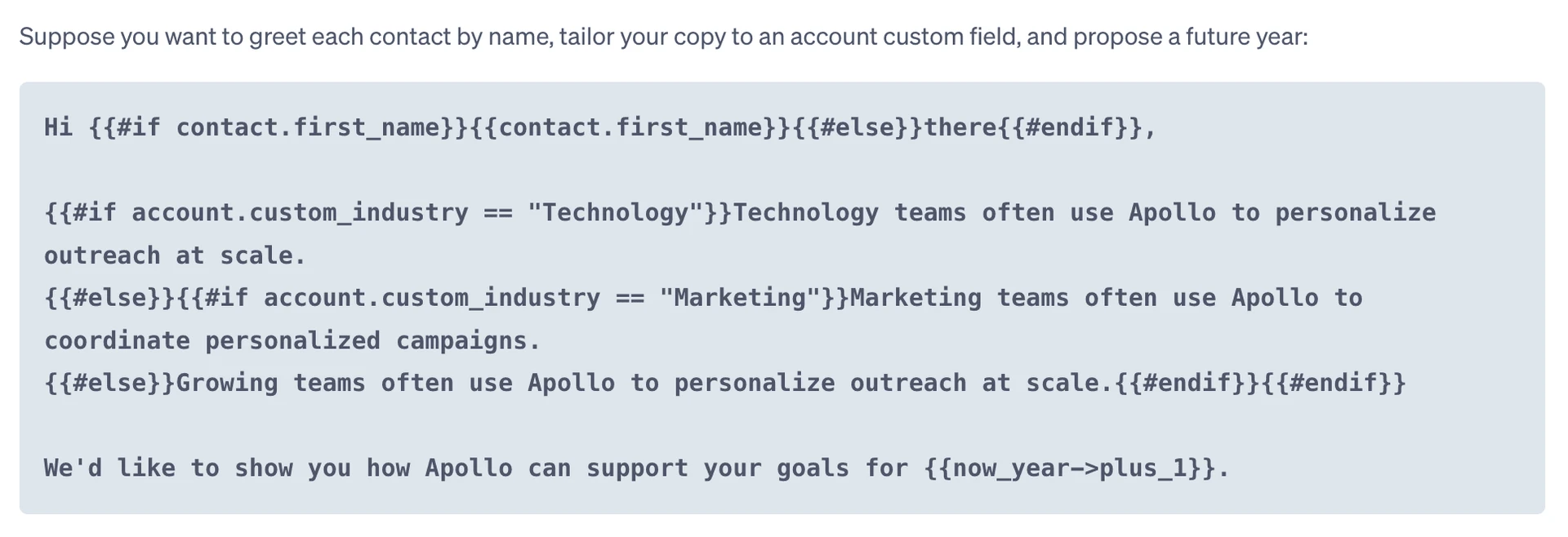 Apollo.io personalization template with conditional contact and account fields