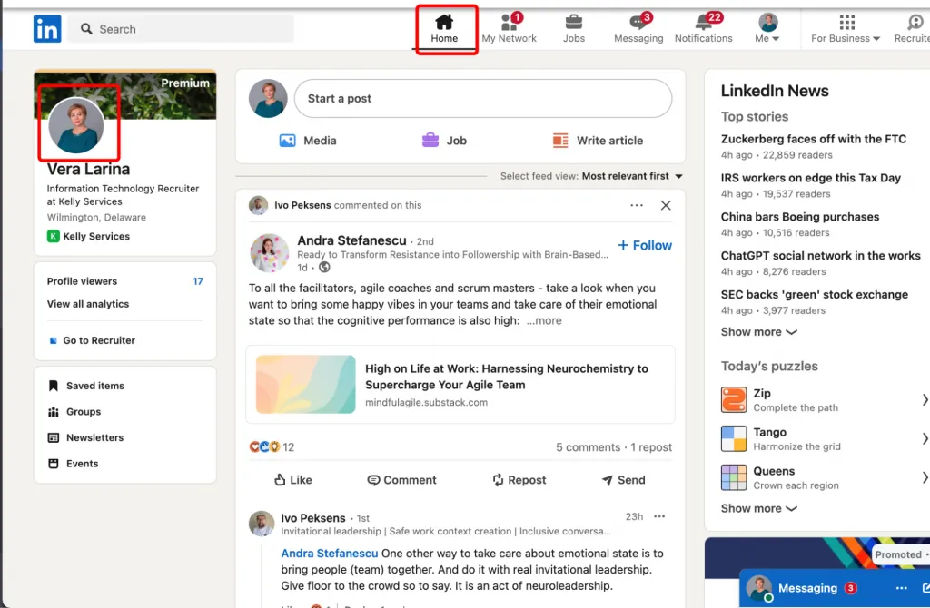 view profile LinkedIn – home button in LinkedIn main menu