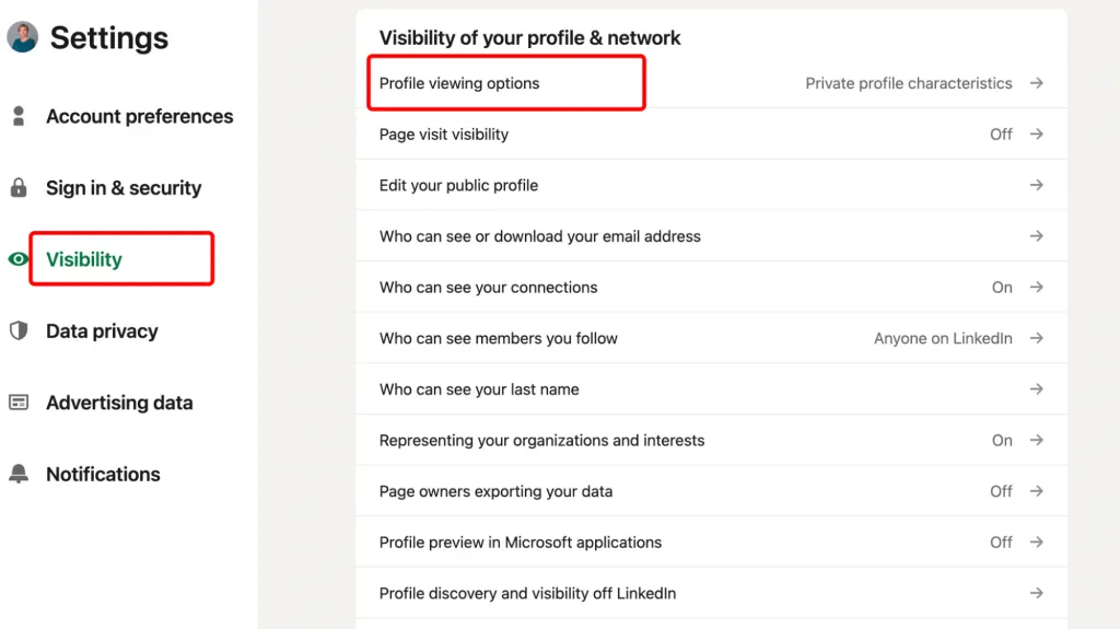 view profile linkedin – menu to enable anonymous viewing mode
