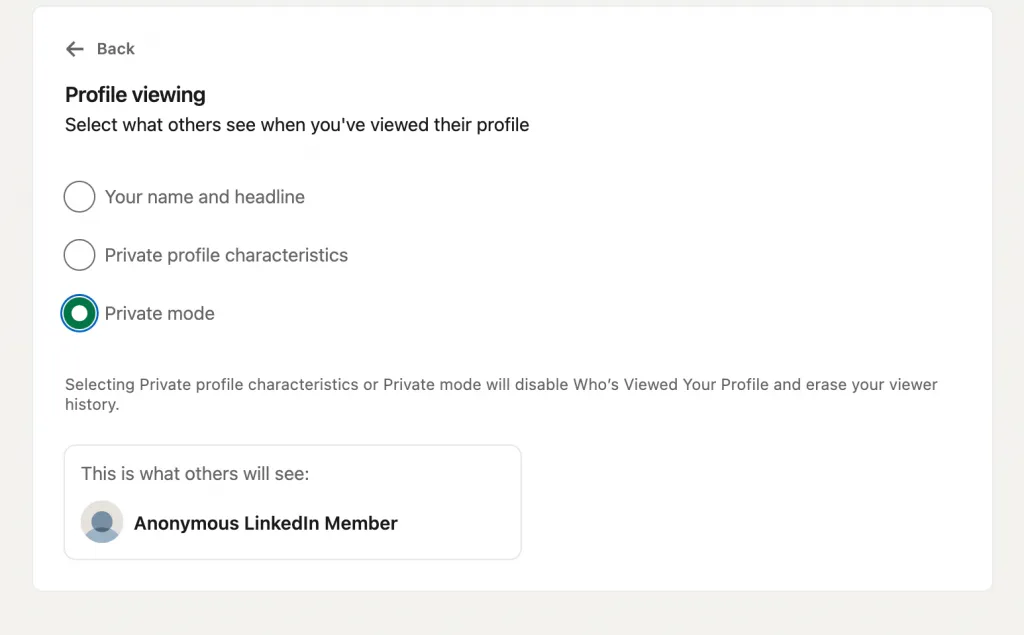 view profile linkedin – menu to enable anonymous viewing mode