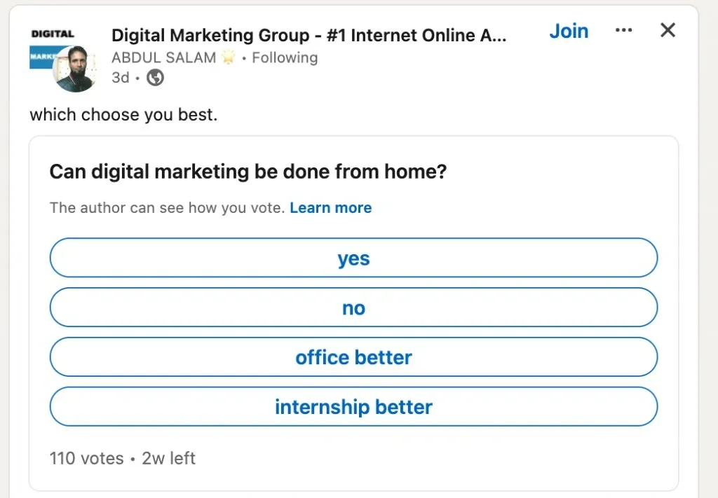 What to post on LinkedIn business page - example of post with poll